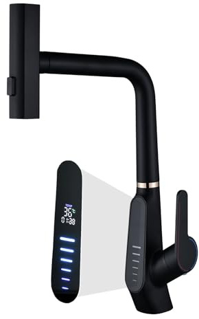 Robinet de Cuisine Extractible, Affichage Numérique LED, Cascade, 3 Modes de Débit d'eau, Pivotant à 360° Mitigeur Cuisine Robinet, Mitigeur Cuisine à Poignée Unique, 59A Cuivre (Noir)
