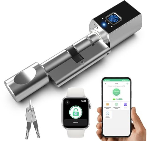 Eseesmart Türschloss Fingerabdruck, Elektronisches Türschloss SchließZylinder 60mm (30/30), Fingerprint Türöffner mit Bluetooth APP 2 Schlüssel
