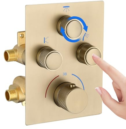 3 Way Brass Thermostatic Shower Mixer Valve Taps Inside Wall Brushed Gold | Concealed, Push Button, Water Flow Adjustable, Temperature Control, Triple Shower Diverter Valve, for 3 Outlet Shower System