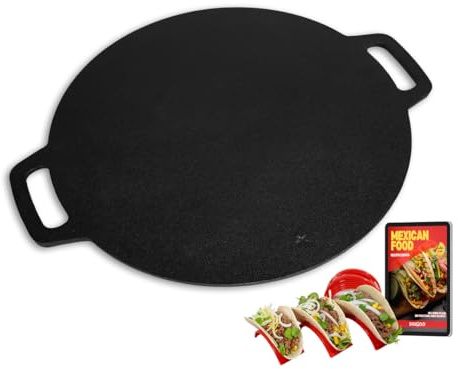 Sisigogo - Sartén de hierro fundido de 12 pulgadas con soportes para tacos, comal para tortillas, crepes y dosa, plancha antiadherente para pizza