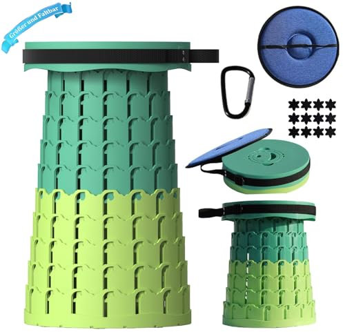 XIUWOUG Klapphocker Faltbar, 2024 Neuer Durchmesser 30 cm Großer Campinghocker, Hocker Höhenverstellbar 7-50 cm des Teleskophocker, Klappbarer Hocker Maximalbelastung 300 Kg,Grün