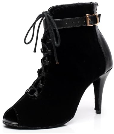 MINITOO Femmes Latine Salsa Danse Chaussures Fete Prom Sandales Bottes QJ6179 Noir 8.5cm Talon EU 42.5