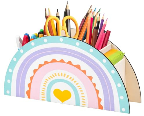 HEKOBAG Schreibtisch Organizer Regenbogen Stiftehalter Stifteköcher Stifte | Holz Organizer Regenbogen Stiftebox mit 5 Fächern Schreibtischorganizer für Kinder Mädchen Büro Schule Klassenzimmer