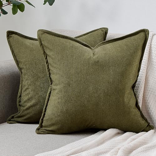 DakTou Fundas de Cojines 40x40 Verde Oliva de Pana a Rayas con Borde de Flecos a Rayas Funda de cojín Decorativa Suave Moderna Fundas de Almohadones para Sofá Cama Sala de Estar Hogar Juego de 2