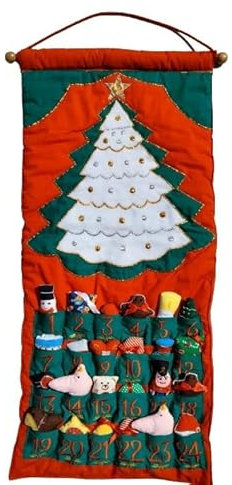 Mein erster bunter Adventskalender mit 24 Taschen und Christbaumschmuck, handgefertigter Tannenbaummotiv zum Aufhängen an der Wand, handwaschbar und wiederverwendbar