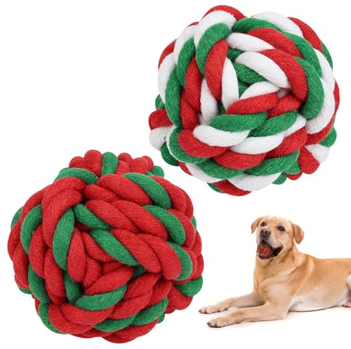 Vivifying Hund Seil Ball, 2 Stück Kaubälle aus Geflochtener Baumwolle für Hunde Zahnreinigung（Rot Grün Weiß）