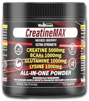 WellBoost CreatineMAX Powder - 5000mg Creatine Monohydrate, 1000mg BCAAs, Glutamine, Lysine per Serving - Sugar Free, Mixed Berry Flavour - Lean Muscle, Recovery & Endurance (300g, 1 Month Supply)