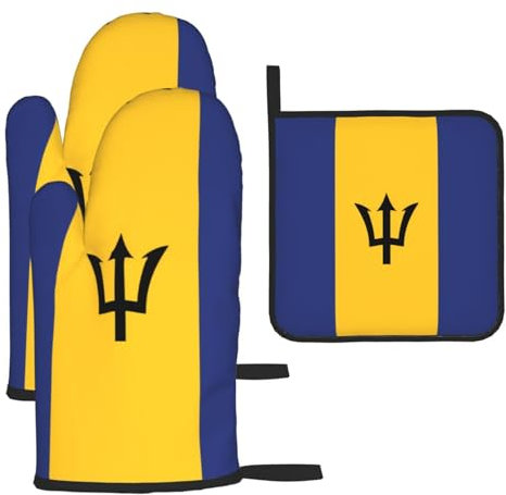 YYHHAOFA Lot de 3 gants de cuisine imperméables et durables pour four et manique pour isolation thermique Motif drapeau de la Barbade