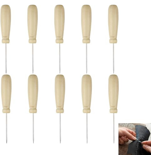 Aiguille de Piquage avec Manche en Bois Naturel, Perforations Créatives sur Papier et Tissu Fin, Lot de 10 Poinçon à une Pointe Beige, Convient aux enfants