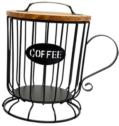 KESOTO Kaffeepadhalter mit Holzdeckel, Runder Organizer für Tassen, Aufbewahrungskorb für Bar Und Küche, Schwarz, L