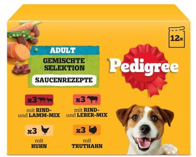 Pedigree Multipack Portionsbeutel Gemischte Selektion mit Gemüse 4 Varietäten Rind- und Lammmischung, Rind- und Lebermischung, Huhn, Truthahn in Sauce 4x12x100g