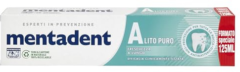 Mentadent Dentifricio Alito Puro, con Zinco Antibatterico, Microcapsule Purificanti per Protezione e Freschezza di Lunga Durata, Gusto Menta, con Essenze e Estratti Naturali, 125 ml