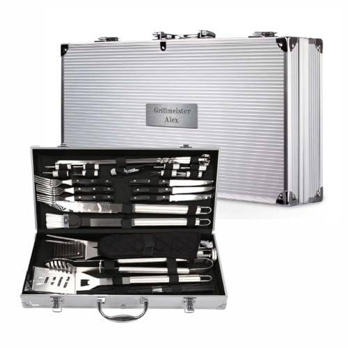 Grillkoffer - Premium Edelstahl Grillkoffer Papa, Männer und Frauen - Perfekt für Gasgrill, Holzkohlegrill und Camping | Geschenkidee Vatertag (30 Teilig mit Personalisierung)