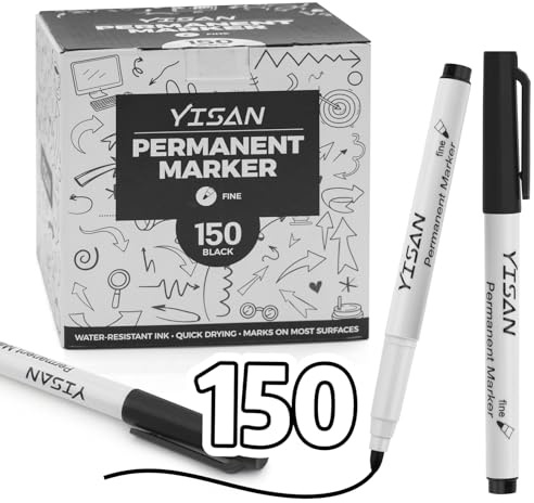 YISAN Permanent Marker Dünn Bulk 150 Stück,Permanentstift Schwarz Feine Spitze, für Kunststoff, Stein, Glas, Metall,71518