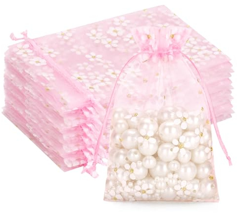G2PLUS Sachet Organza Rose aux Marguerites,Pochette Organza 10x15cm | 30 Pièces Sac à Bijoux,Sachet Dragees Idéaux pour les Dragées,Mariages,Baptême et Anniversaires