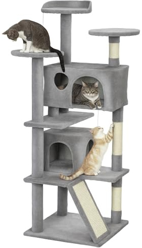 PawHut Rascador para Gatos Altura 138 cm con Postes de Sisal Gris Claro | Árbol para Gatos, Torre de Escalada, Plataformas, Cuevas, Bolas Colgantes, Hamacas