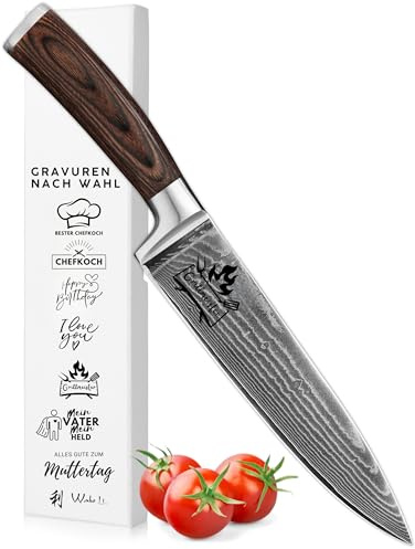 Wakoli EDIB Damastmesser mit Gravur, personalisiertes Kochmesser 20 cm, 67 Lagen VG10 Damaststahl, extrem scharf, Pakkaholz Griff, edle Geschenkbox, Premium Küchenmesser für Kochliebhaber