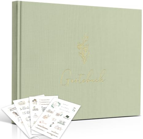 Hyggartn Gästebuch blanko mit Aufklebern – Grün Leinenoptik mit Goldener Prägung – Für Hochzeit, Geburtstag, Taufe, Ferienwohnung & mehr – Gästebuch mit leeren Seiten & Stickern（100 Seiten）