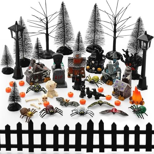 Seenelling 50 Pcs Halloween Village Miniature Haunted House Accessory Set