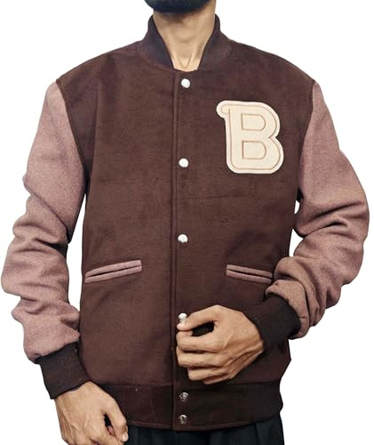 MUKHTALIF Mens Varsity Letterman Fashion Wool Bomber Slim Fit Casual Warm Boys College Baseball Jacket (US, Alpha, X-Large, Regular, Regular, Brown)