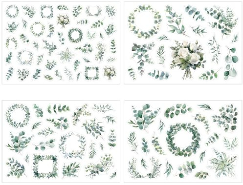 4er Eukalyptus Gästebuch Aufkleber Set, Sticker Hochzeit für Fotoalbum, 100+ Motive Papieraufkleber mit Naturnahem Design, Sticker Gästebuch für Scrapbooking, Geburtstag, Fotobuch, 20×14cm