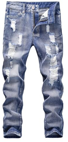 2026 Chicos Skinny Fit Rasgado Desgastado Moda Niños Denim Pantalones Jeans Patrón de costura Pantalones Niño, azul, 10-14 años