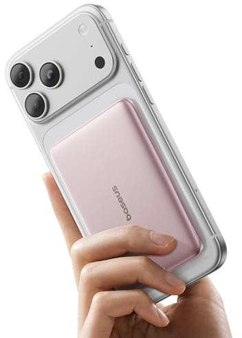 Baseus Picogo AM41 Power Bank, Ultra Slim 5000mAh Magsafe Powerbank, PD 20W Schnellladung, Portabel, Wireless Magnetische Externe Batterie mit USB C Kabel für iPhone 17/16/15/14/13/12, Rosa
