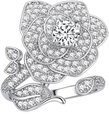 Uloveido Rose Zirconia Ring Adjustable - Open-Ended Blooming Rose Flower Petal Design for Women - Sparkle Party Prom Evening Jewelry Y4357 (Platinum Plated, Adjustable Size)