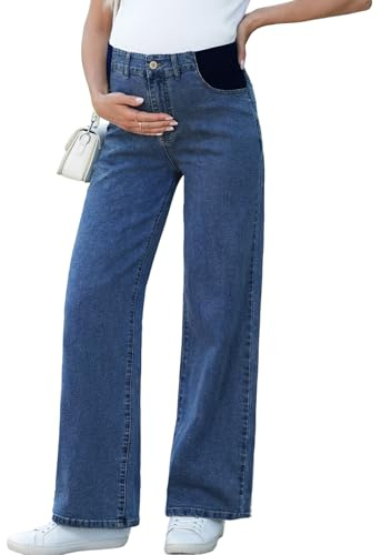 BLENCOT Maternity Women Jeans Casual Wide Leg Pregnancy Pants with Pockets High Waisted Baggy Denim Outfit Ashleigh Blue Medium
