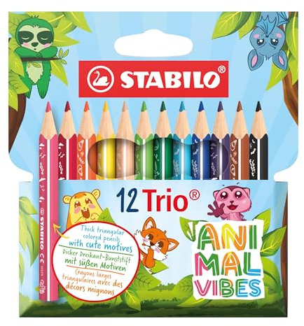 STABILO - Dreikant-Buntstift - Trio dick kurz Animal Vibes | 12er Pack, Mini, kurzer Buntstift