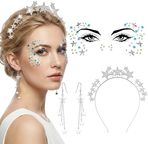 Sterne Haarreif Silber Sterne Stirnband Strass Haarband Gesichtstattoo Ohrringe Karneval Fasching Geburtstag Party Kostüm Haarreifen Glitzer Haarschmuck für Damen Mädchen