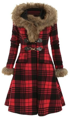 Generisch Manteau d'hiver pour femme - Long - Bohème - Veste d'hiver avec capuche en fourrure synthétique - À carreaux - Style gothique - Rétro - Style ethnique - Manteau mi-long - Épaisseur - Manteau