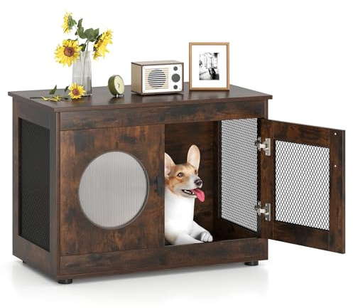 COSTWAY Mobile Lettiera per Gatti 82 x 47 x 60 cm, Casetta in Legno per Animali con Rete Traspirante in Metallo Robusto e Anta, Gabbia Multiuso per Gatti