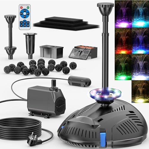 Biling Filtro para Estanque con Lámpara UV e Iluminación RGB, 40 W, 2500 L/H, Bomba con Filtro, 3 Fuentes, Bomba de Filtro Silenciosa para Estanques de hasta 3600 Litros
