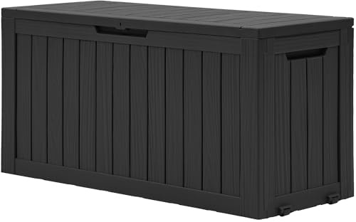 DWVO 270L Aufbewahrungsbox aus Resin mit Rollen, Wasserdichte Gartenbox für Terrassenkissen, Sportgeräte & Gartengeräte, Abschließbar, Schwarz