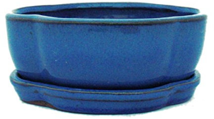 exotenherz - Bol à bonsaï avec soucoupe taille 1 - Bleu - haitang/ovale - Modèle I5 - L 12 cm - l 9,5 cm - H 4,5 cm