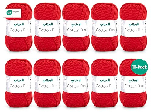 Gründl Cotton Fun stickgarn/virkgarn (mjukt garn av 100% bomull, OEKO-TEX certifierad, 50 g/115 m, nåltjocklek: 3–4, 10 nystan á 50 g), signalröd, 27,00 x 11,00 x 07,00 cm