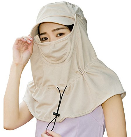 Chapeau de Soleil Femme Casquette à Visière Printemps Eté Large Bord Capeline de Pêche Camping Vélo Cyclisme Jardinage Pliable Protection Solaire avec Masque Protège-nuque Détachable UPF 50+ Anti-UV