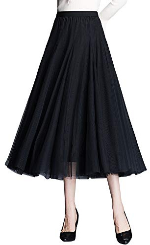 Damen Tüllrock Midi Faltenrock Hoher Bund Schick Rock Elastisch Taille Drapiert Stoff