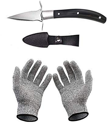 Set con coltello per ostriche e guanti resistenti al taglio, apricostriche, guanti protettivi per conchiglie o formaggi duri. Oyster Knife (cucina, giardinaggio, fai da te) (Nero, Grande)