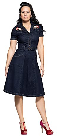 Queen Kerosin Robe en jean pour femme | Coupe droite | Western | Broderie - Bleu - 42