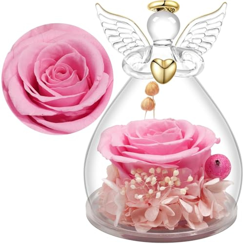 Yamonic Ewige Rose Engel Geschenke für Frauen, Ewige Rose im Glas Geschenke für Mama,Engel Figur Geburtstagsgeschenke für Frauen,Oma Geschenk,Echte Rose Schutzengel Weihnachten Muttertagsgeschenk