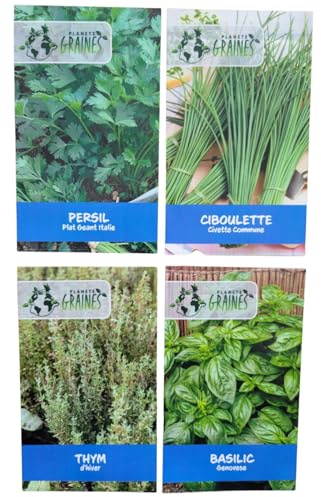 Lot de 800 Graines Spécial Aromate Ciboulette - Thym d'hiver - Persil Plat - Basilic 4 x 200 graines potager…