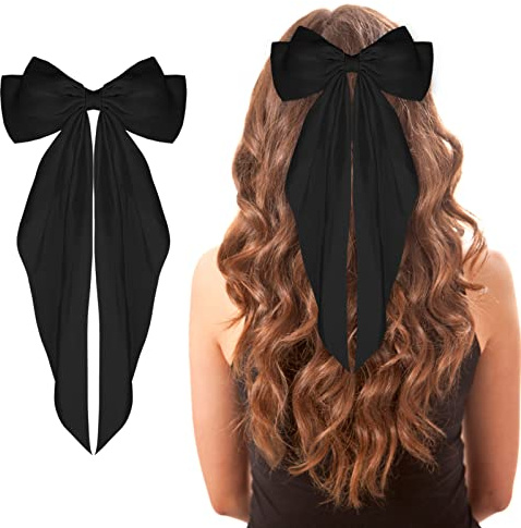 WLLHYF Haarspangen mit großer Schleife, Haarnadeln langer Schwanz (Schwarz) | französisches Band, weiche, seidige Satin-Haarspange, Metall-Bogenknoten-Clips, für Party, für Frauen, Mädchen