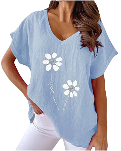 2026 Camiseta Manga Corta Mujer, Verano Algodón y Lino Moda Impresión Blusa Camisa Cuello en V Basica Camiseta Elegant Suelto Tops Casual Fiesta Cómodo T-Shirt Original tee Playa