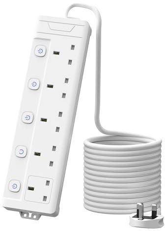 5M Extension Lead, MSCIEN Long 5 Metre 5 Gang Power Strip with Wall Mounted, White, Multi Socket with Individually Switches Plug Extension for Home Dorm Office