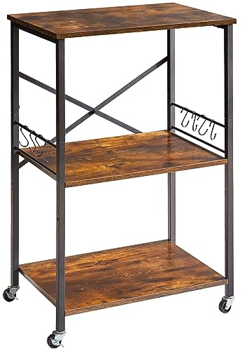 IBUYKE Kitchen Shelf Cart, 3-Tier Microwave Oven Stand, Baker’s Rack with Metal Frame and 8 Hooks, Industrial Printer Stand, Utility Standing Storage Shelf for Coffee Bar, Simple Assembly, TMJ023H