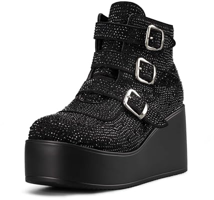 LUCKY STEP Damen-Plateau-Stiefeletten mit klobiger Sohle – Runde Zehenpartie Reißverschluss Keilabsatz Rave-Schnalle Dicke Sohle Goth-Stiefel (Schwarz Strass, 9US-40EU-7UK)