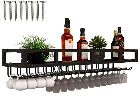 SAGIDAR Weinglasregal Aus Metall - Wall Mounted Wine Racks Eisen, Regal Weinglas Aufbewahrung, 60cm-150cm, Doppeltes Hakendesign, Weinflaschenhalter Gold/Schwarz, Einfacher Zugang, Platzsparend