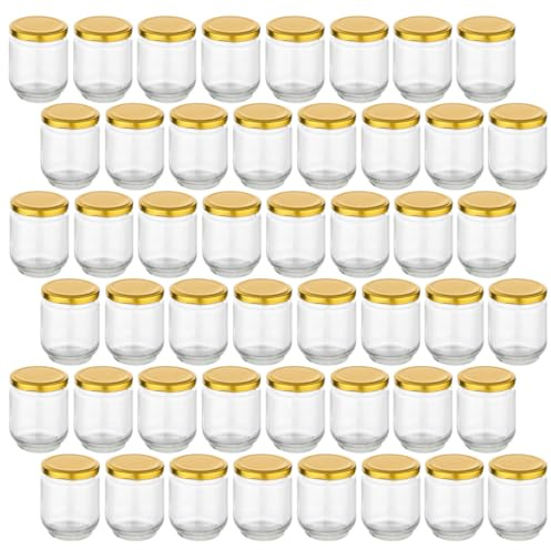 gouveo 48er Set Einmachgläser 190 ml rund mit Schraubdeckel goldfarben - Kleine Vorratsgläser mit Schraubverschluß - Schraubgläser zum Einkochen und Aufbewahren (EGR190G)